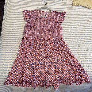 Red and Blue Geometric Dress with Ruffle Sleeves